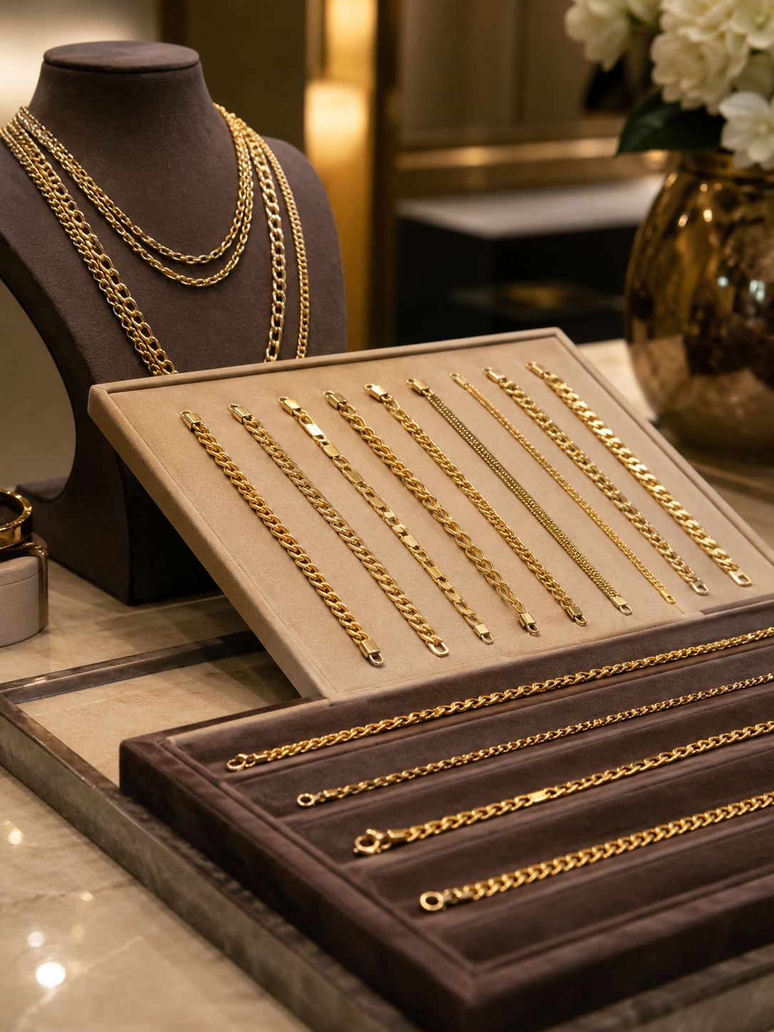 Trays of gold chains and bracelets in the showroom