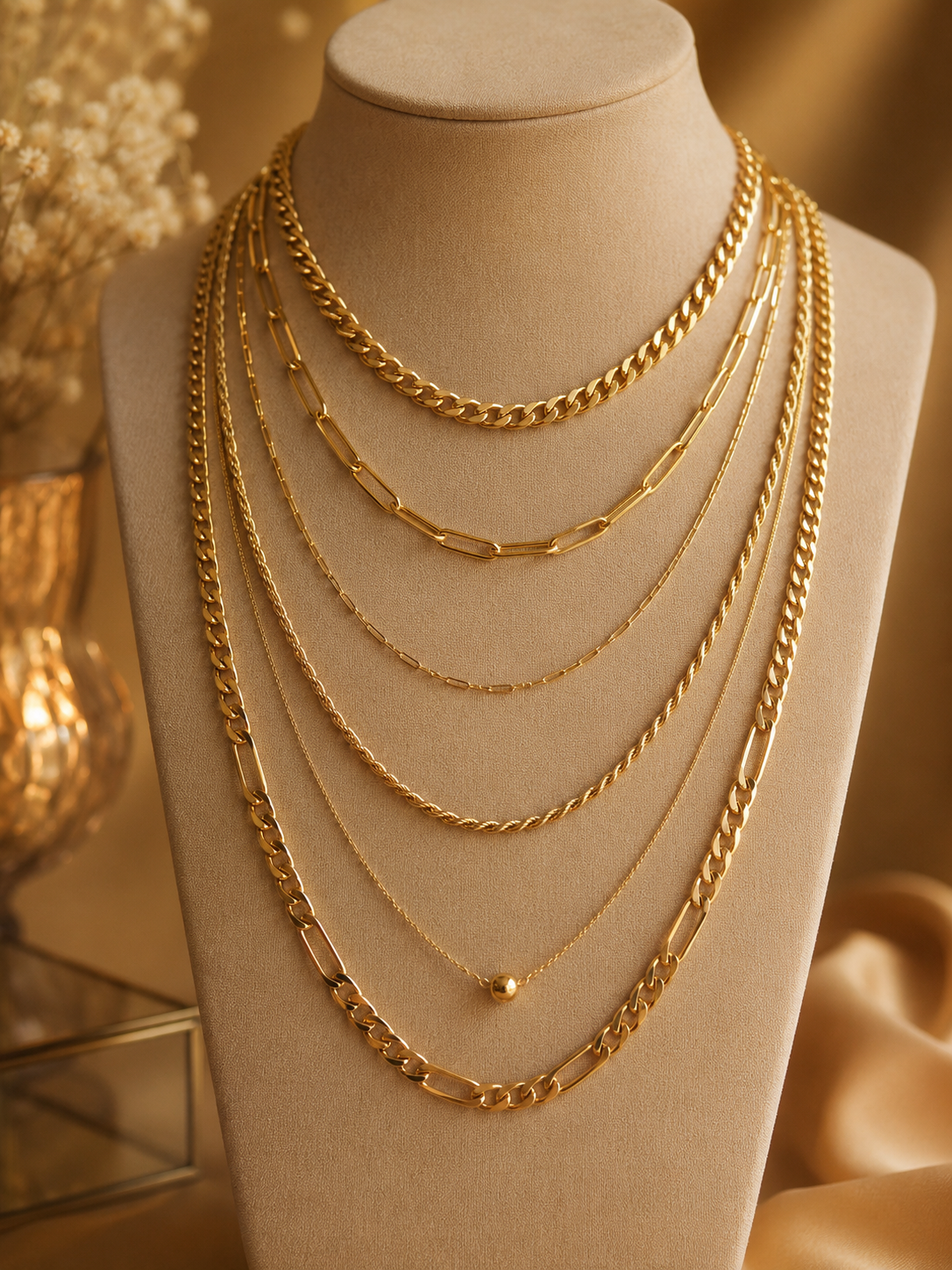 Seven layered gold chains on a display bust