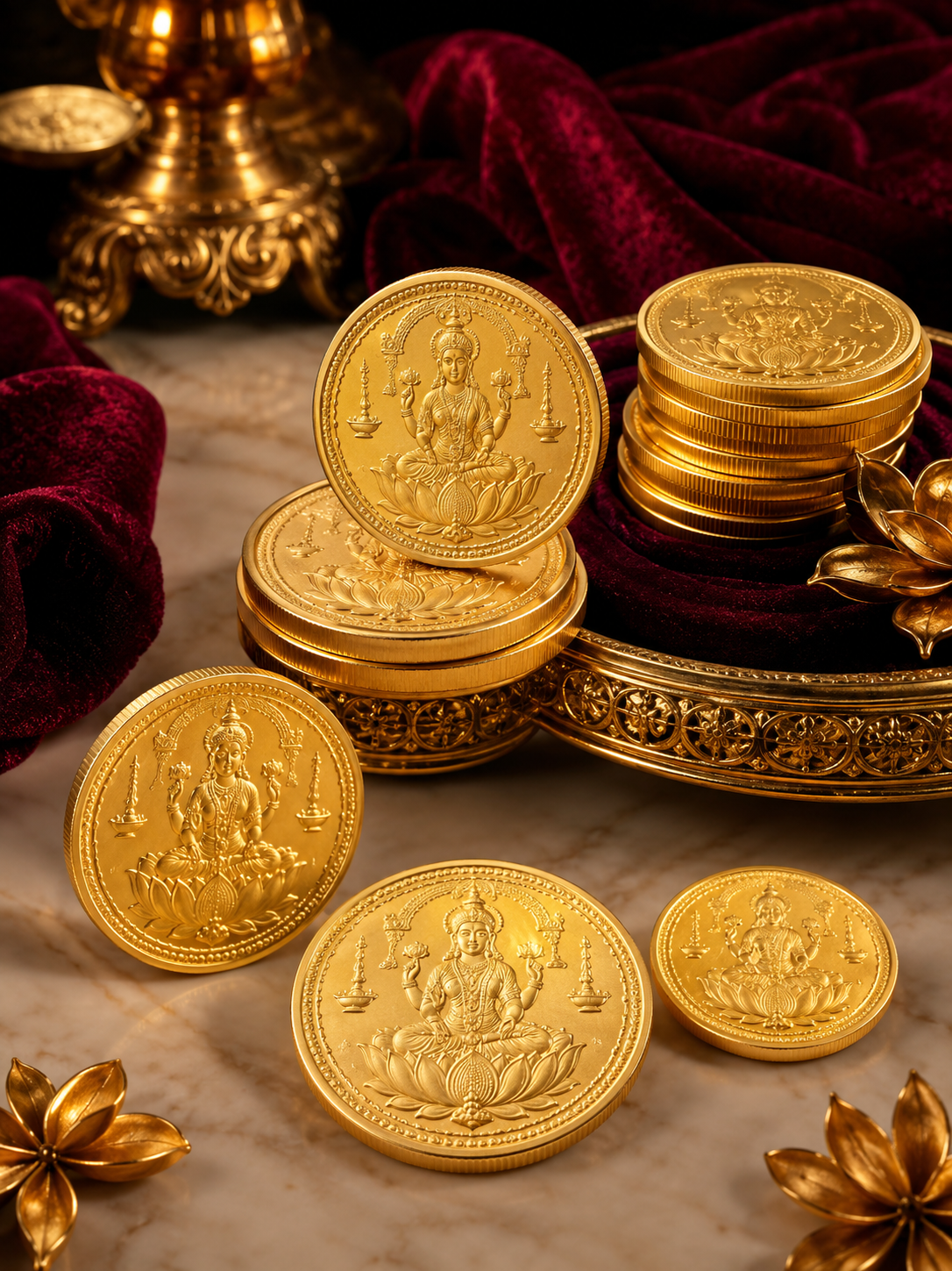 Stacks of Lakshmi gold coins on maroon velvet