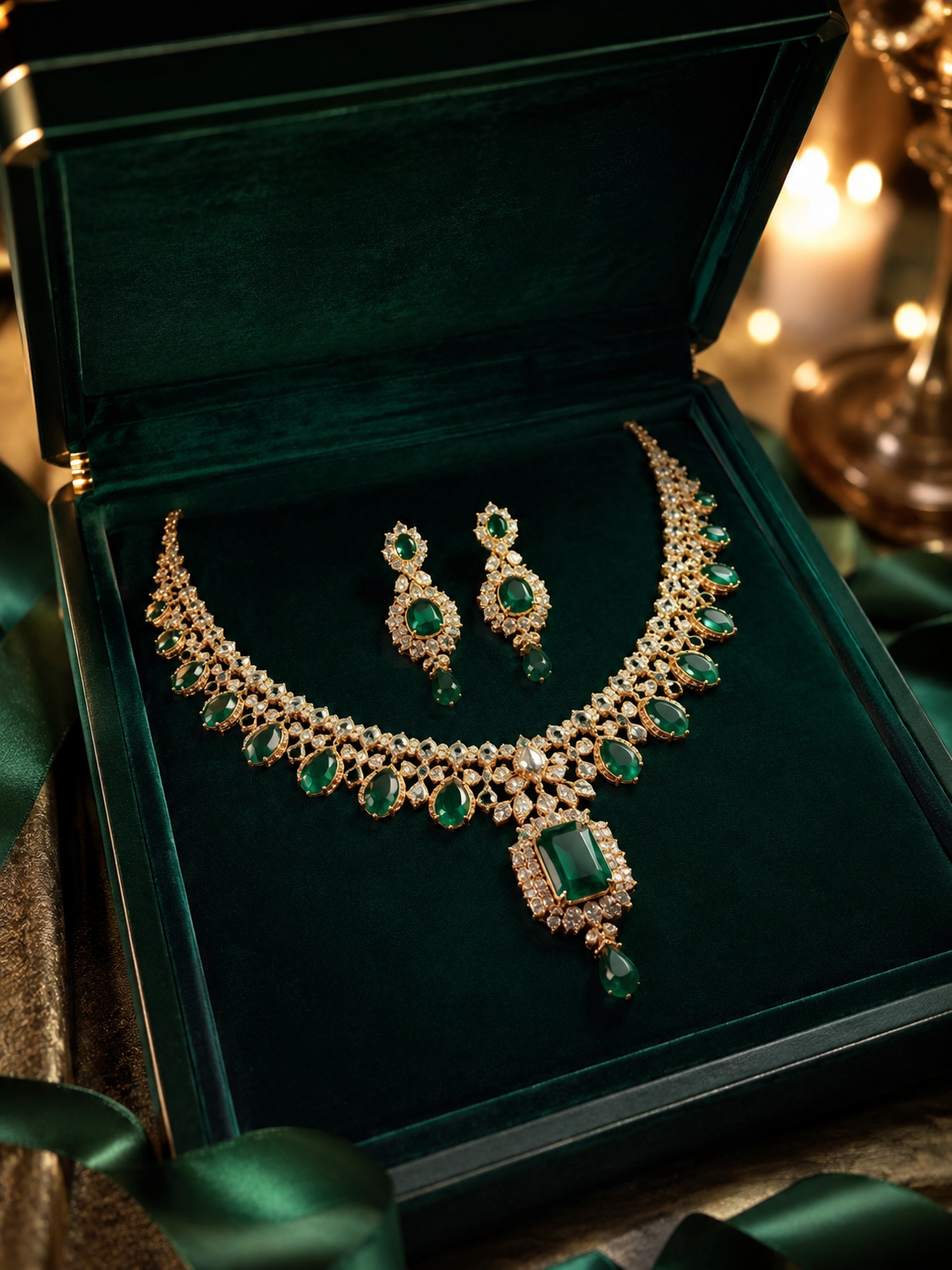 Emerald and diamond necklace set in a green velvet gift box