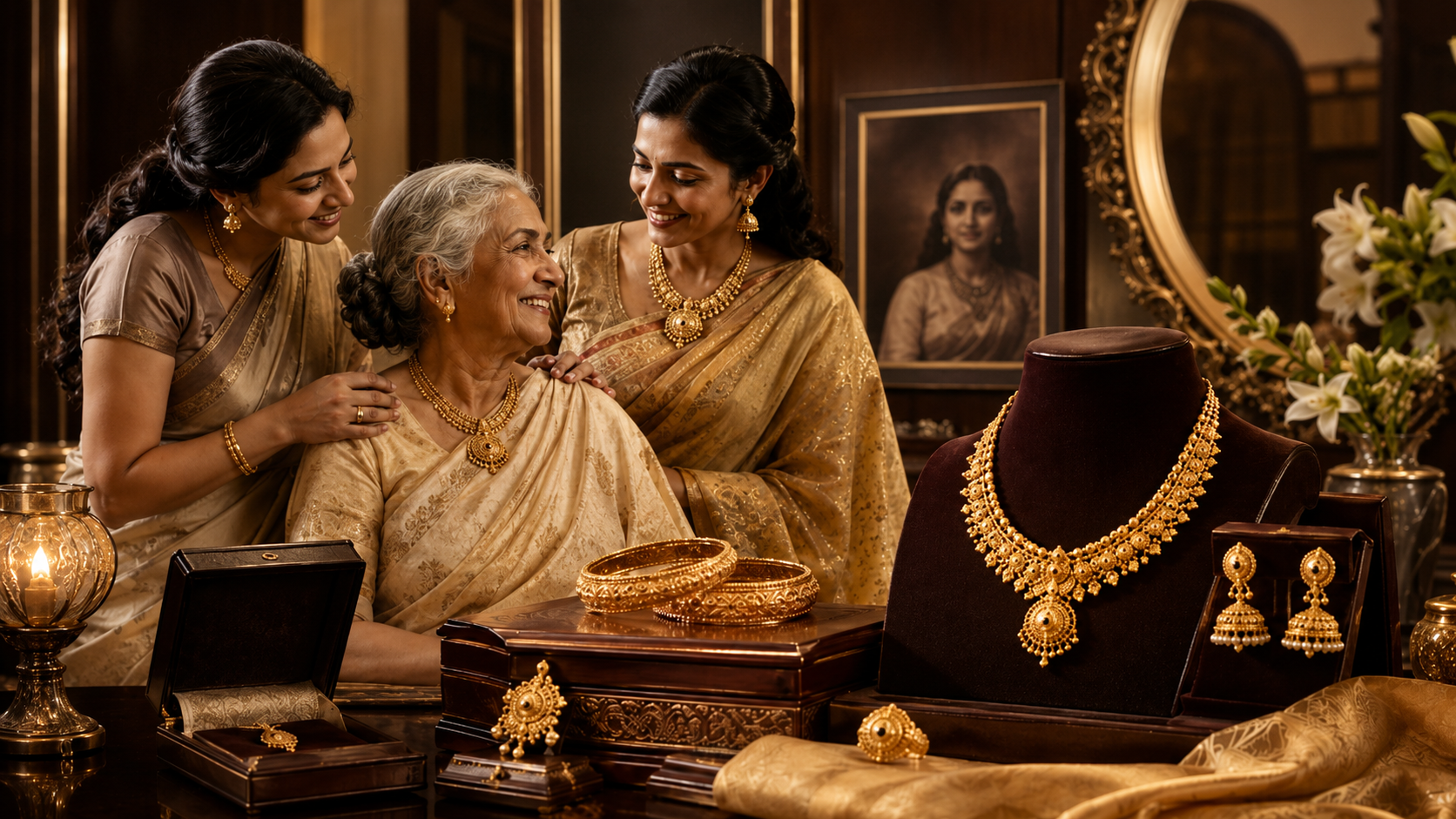 Three generations of a family sharing gold jewellery at a dressing table