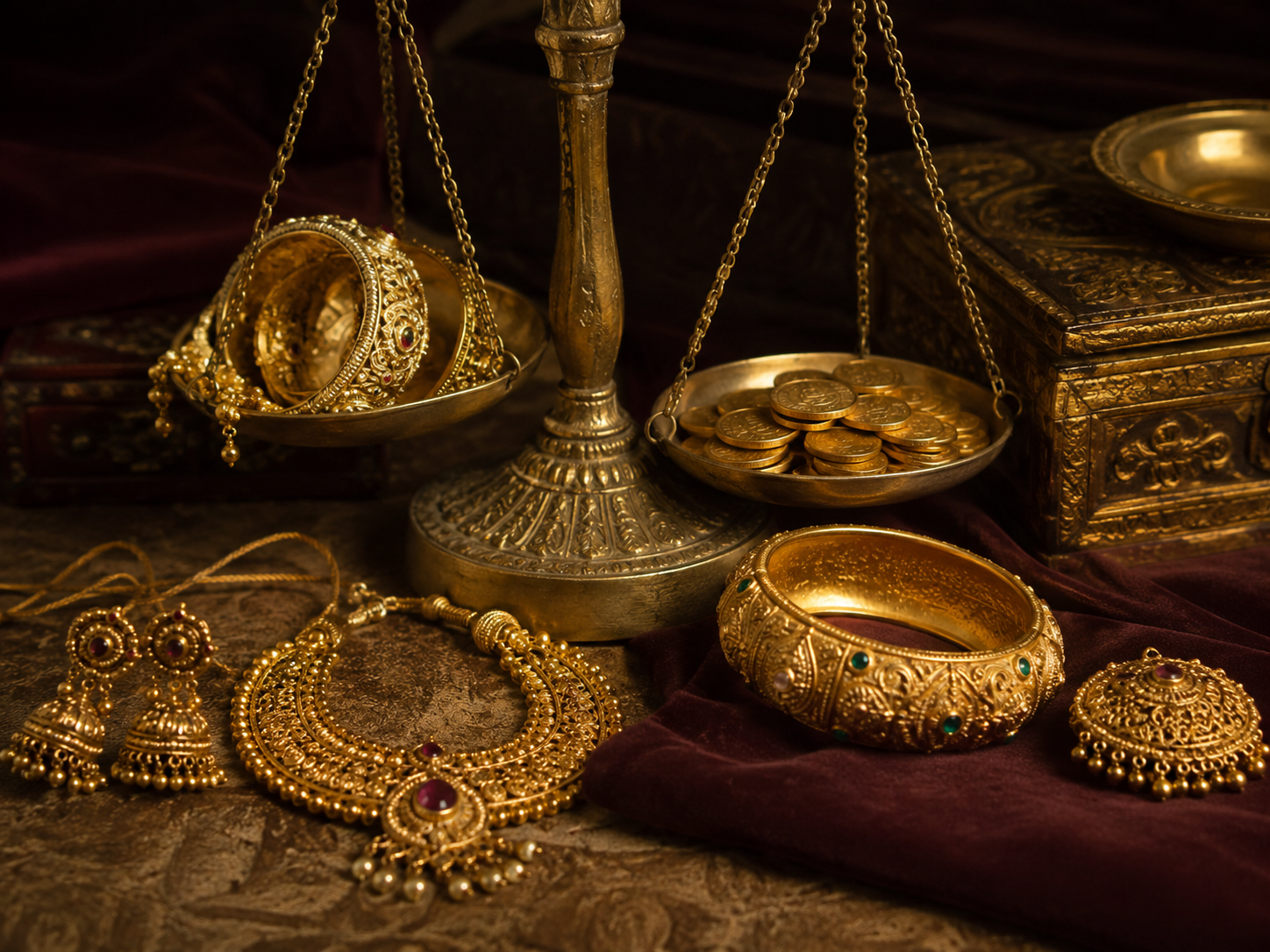 Traditional balance scale weighing heirloom gold jewellery and coins