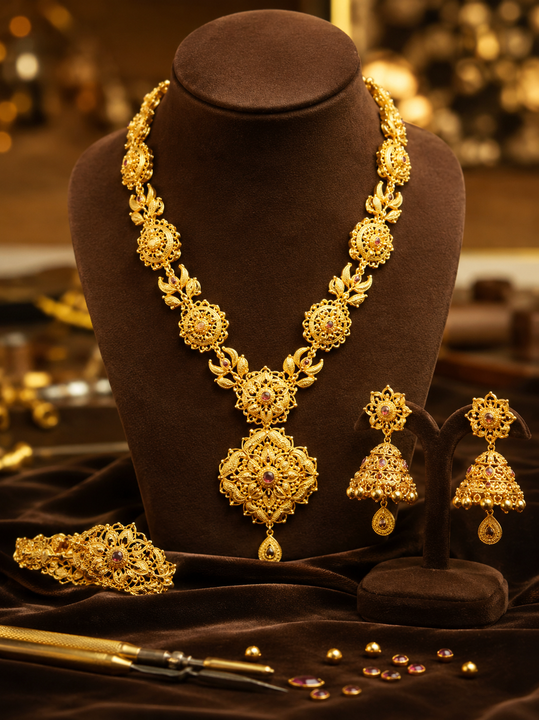 Antique gold necklace and jhumkas displayed on a velvet bust