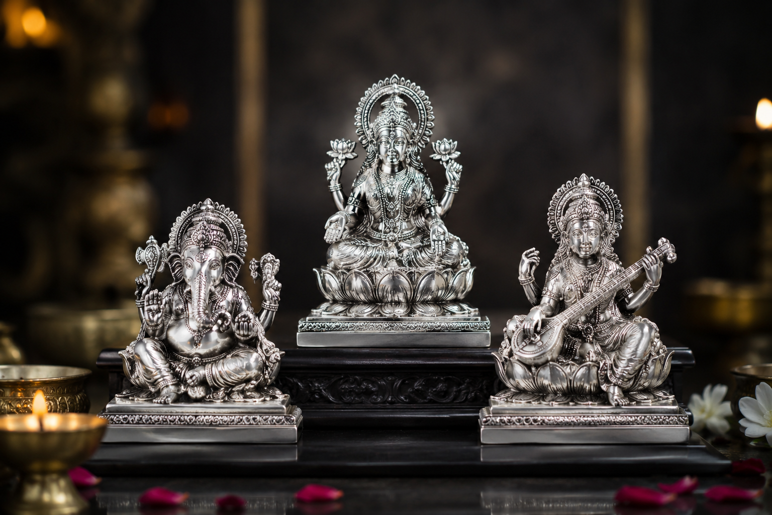 Silver idols of Ganesha, Lakshmi and Saraswati beside glowing lamps