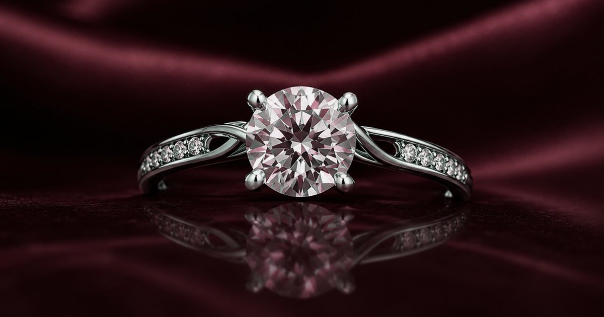 Diamond solitaire ring glowing on maroon velvet
