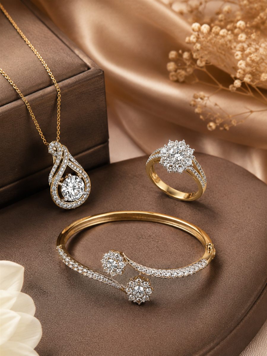 Diamond pendant, floral cluster ring and bangle on velvet