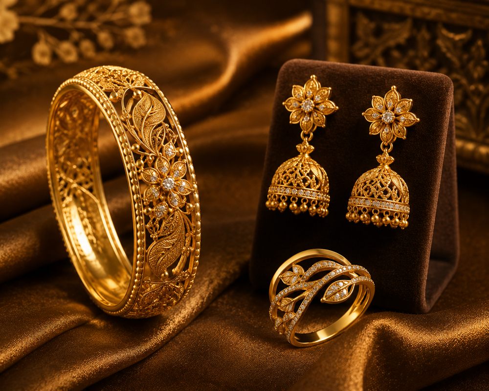 Gold filigree bangle, jhumka earrings and stone-set ring on silk