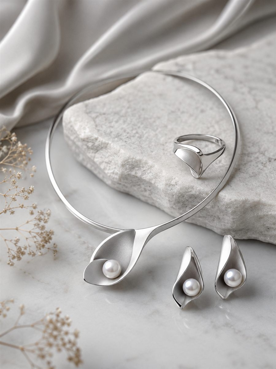 Platinum collar necklace, ring and earrings with pearls