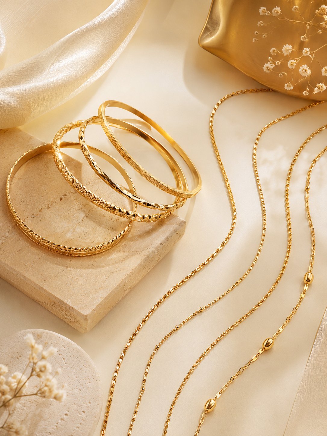 Textured gold bangles on marble with fine gold chains on cream silk