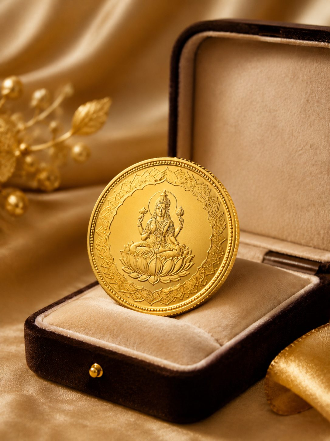 Lakshmi gold coin in a velvet gift box