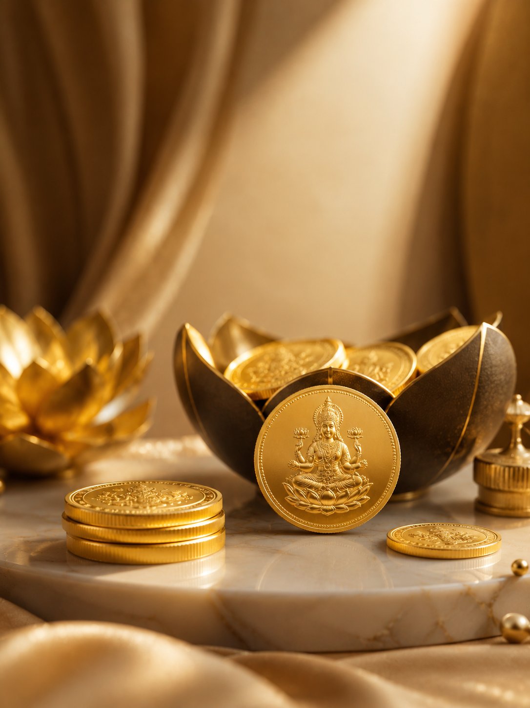 Lakshmi gold coins spilling from a lotus bowl onto marble