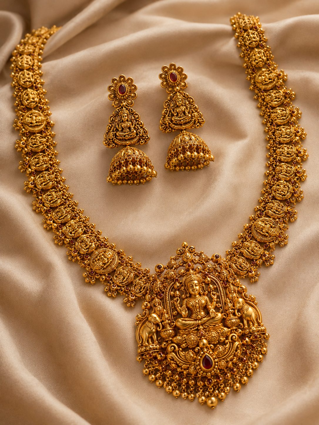 Long gold haaram with Lakshmi pendant and jhumkas