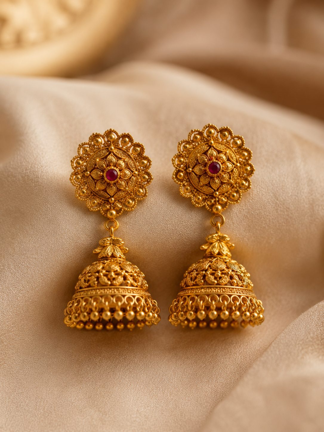 Antique gold jhumkas with ruby centres