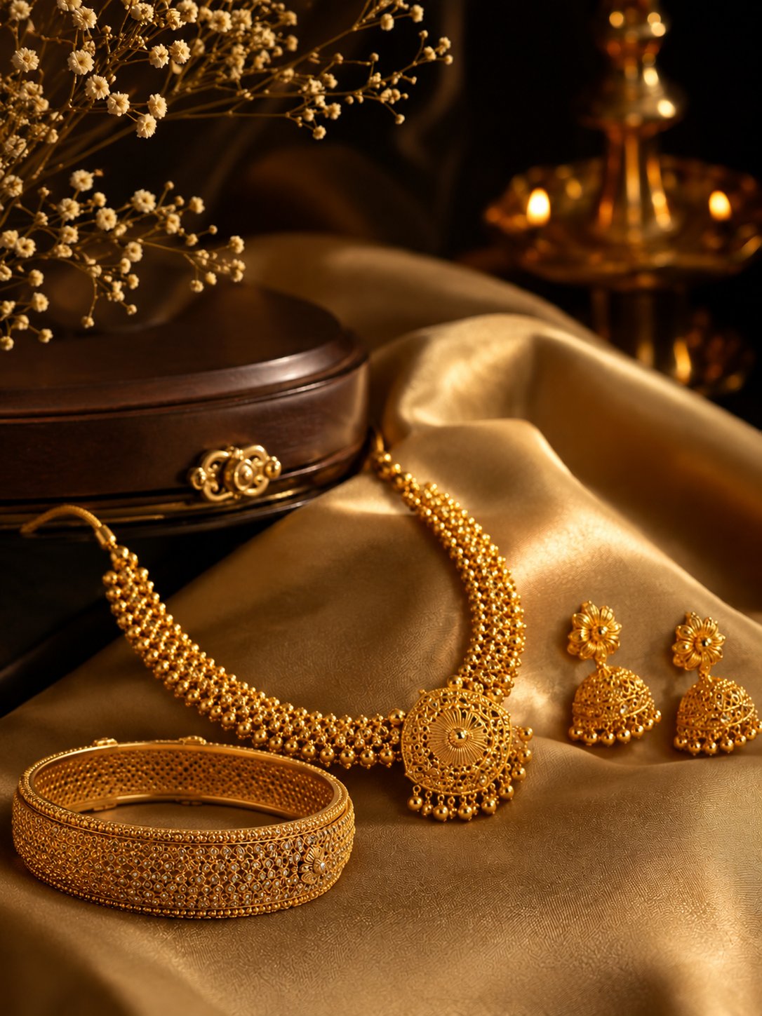 Gold necklace with jhumkas and a pearl-studded kada on golden silk