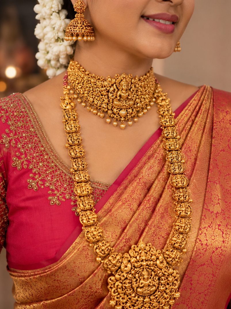 Bride in a red silk saree wearing a gold choker, haaram and jhumkas