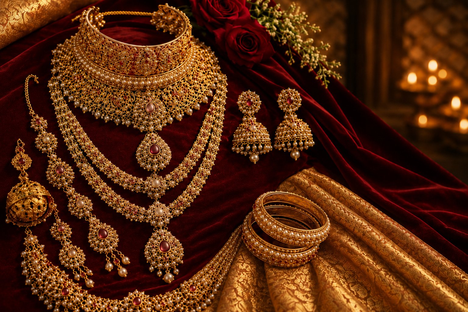 Full bridal gold set with pearl chokers, jhumkas and bangles on red velvet with roses