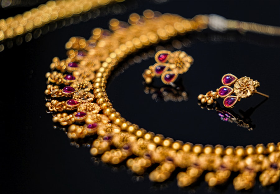 Bridal gold jewellery laid out with silk