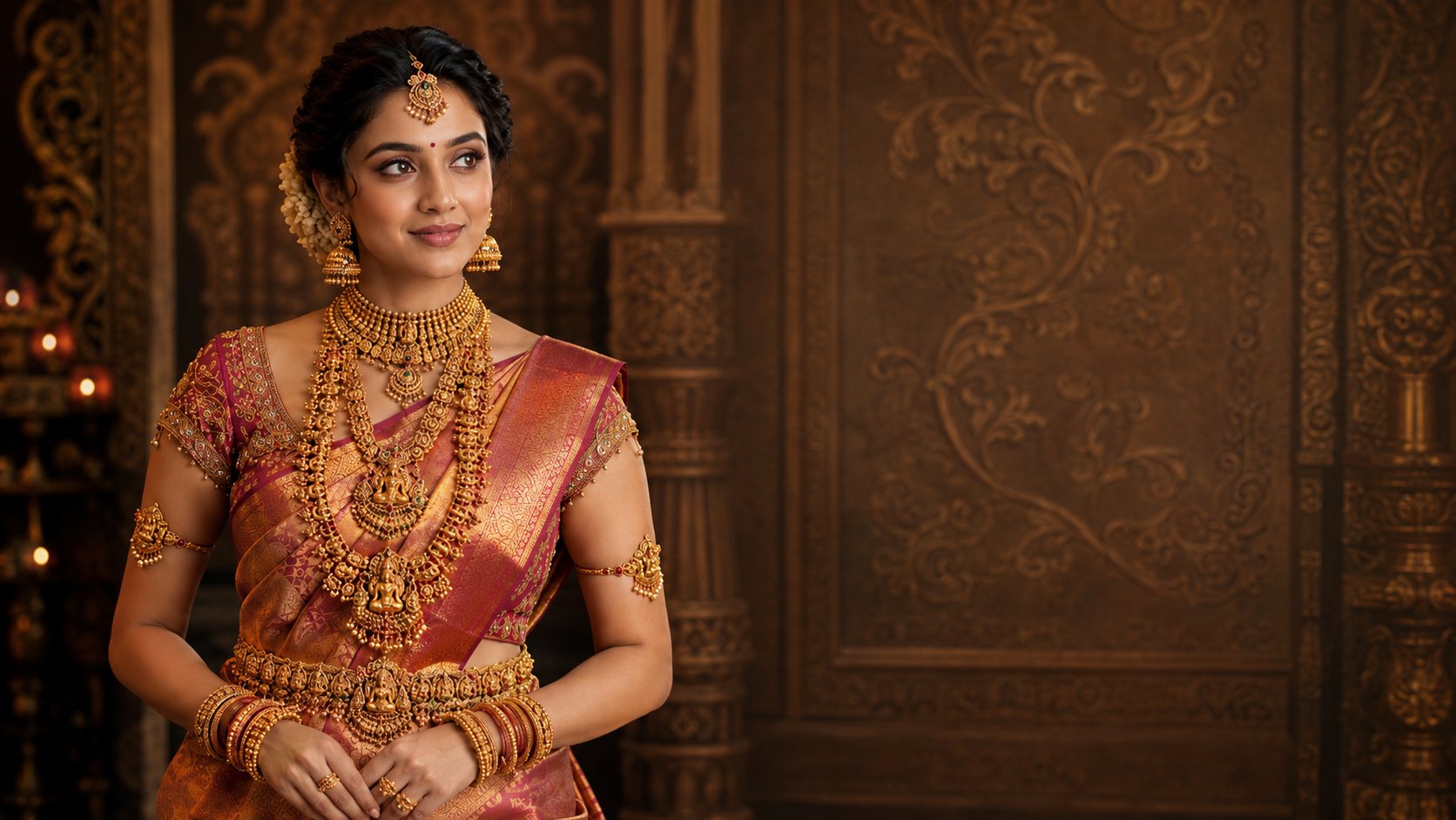 Bride in a rose silk saree wearing layered temple gold jewellery against a carved bronze wall