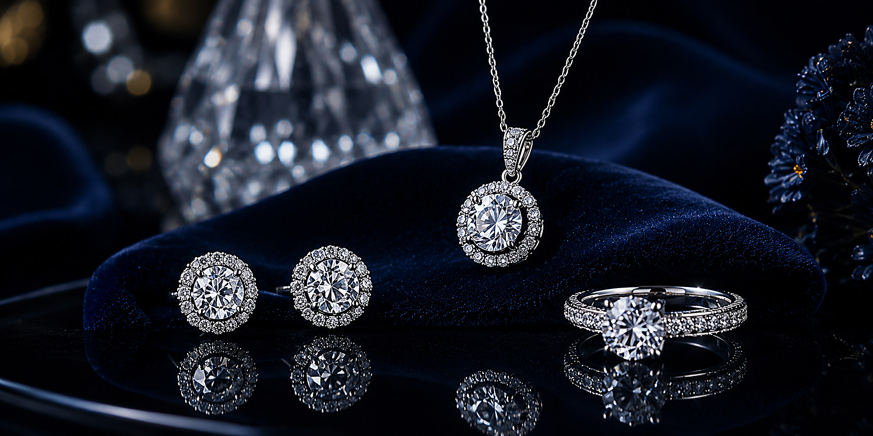 Diamond halo pendant, studs and ring on navy velvet