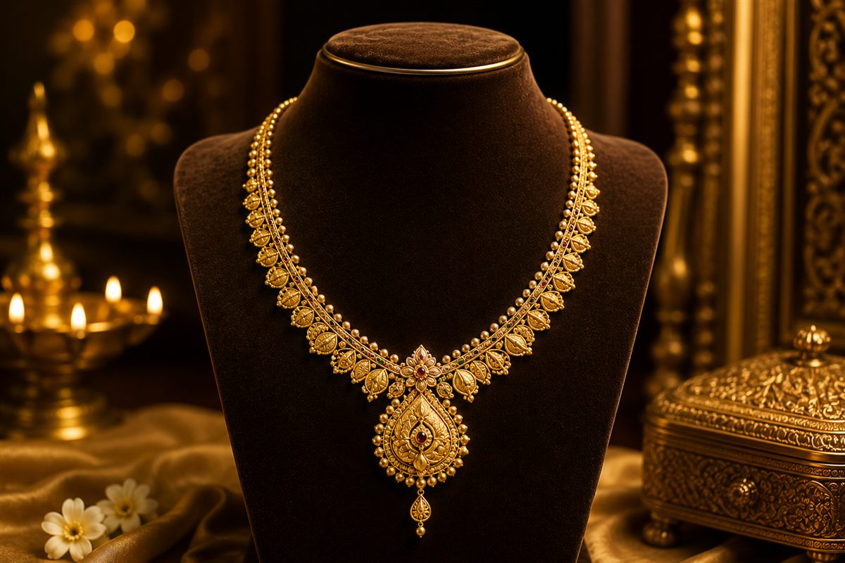 Gold necklace resting on dark silk