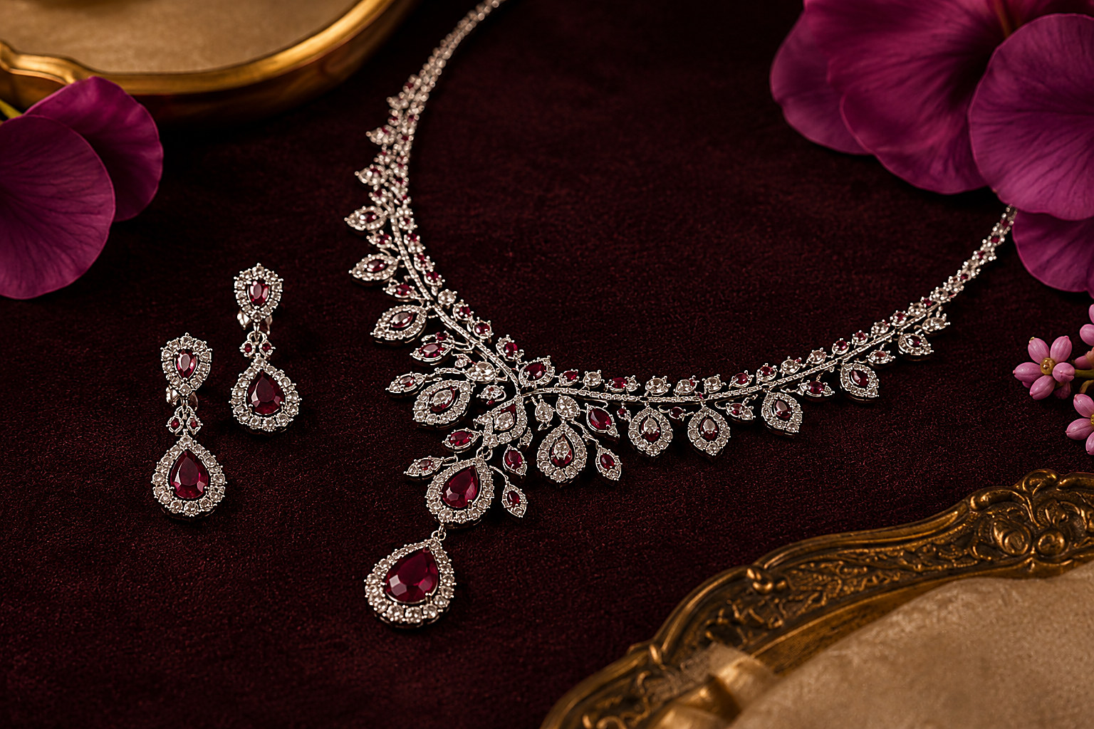 Ruby and diamond necklace set with teardrop earrings on maroon velvet