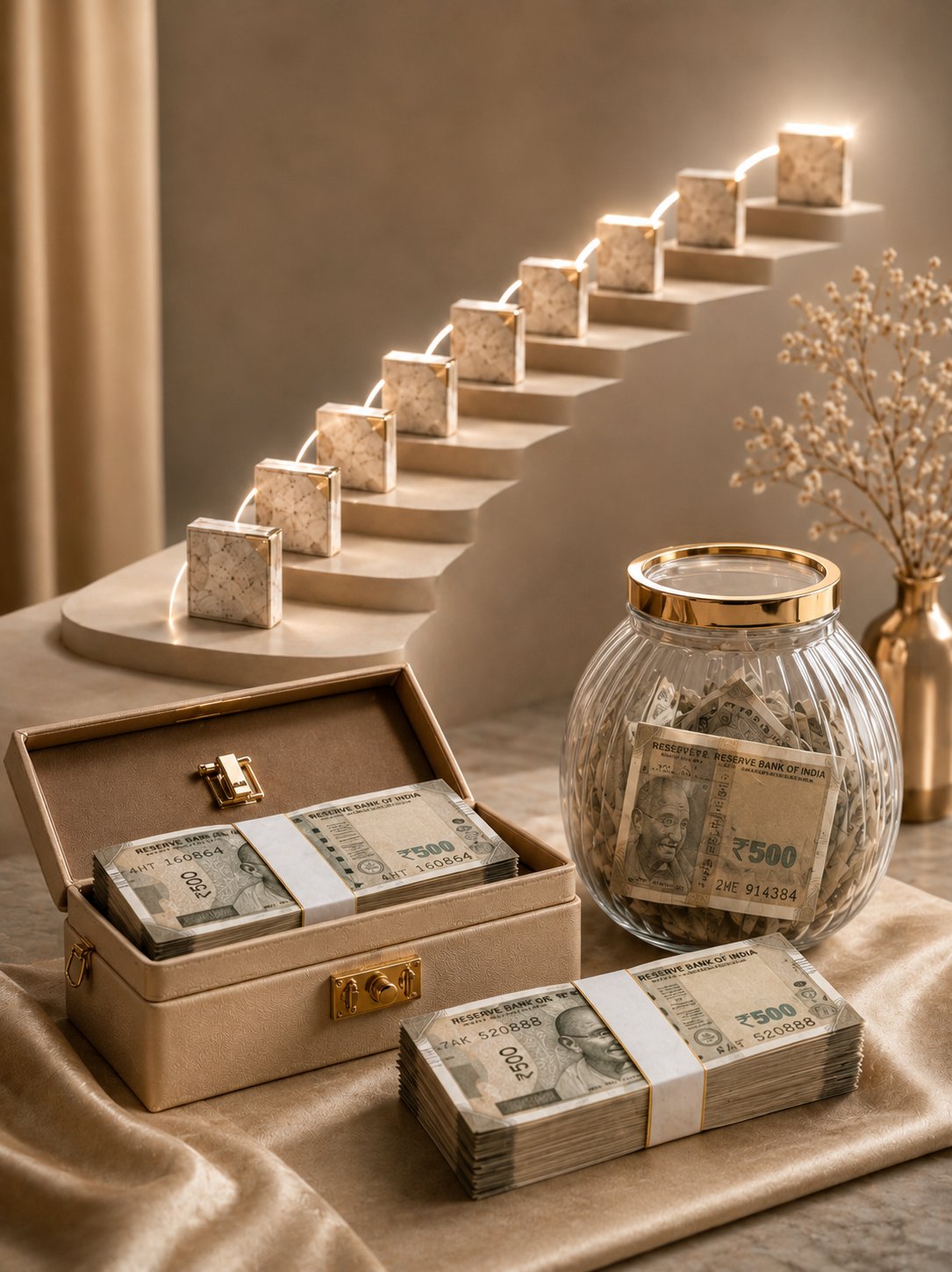 Rupee note bundles beside a glass savings jar and rising marble steps