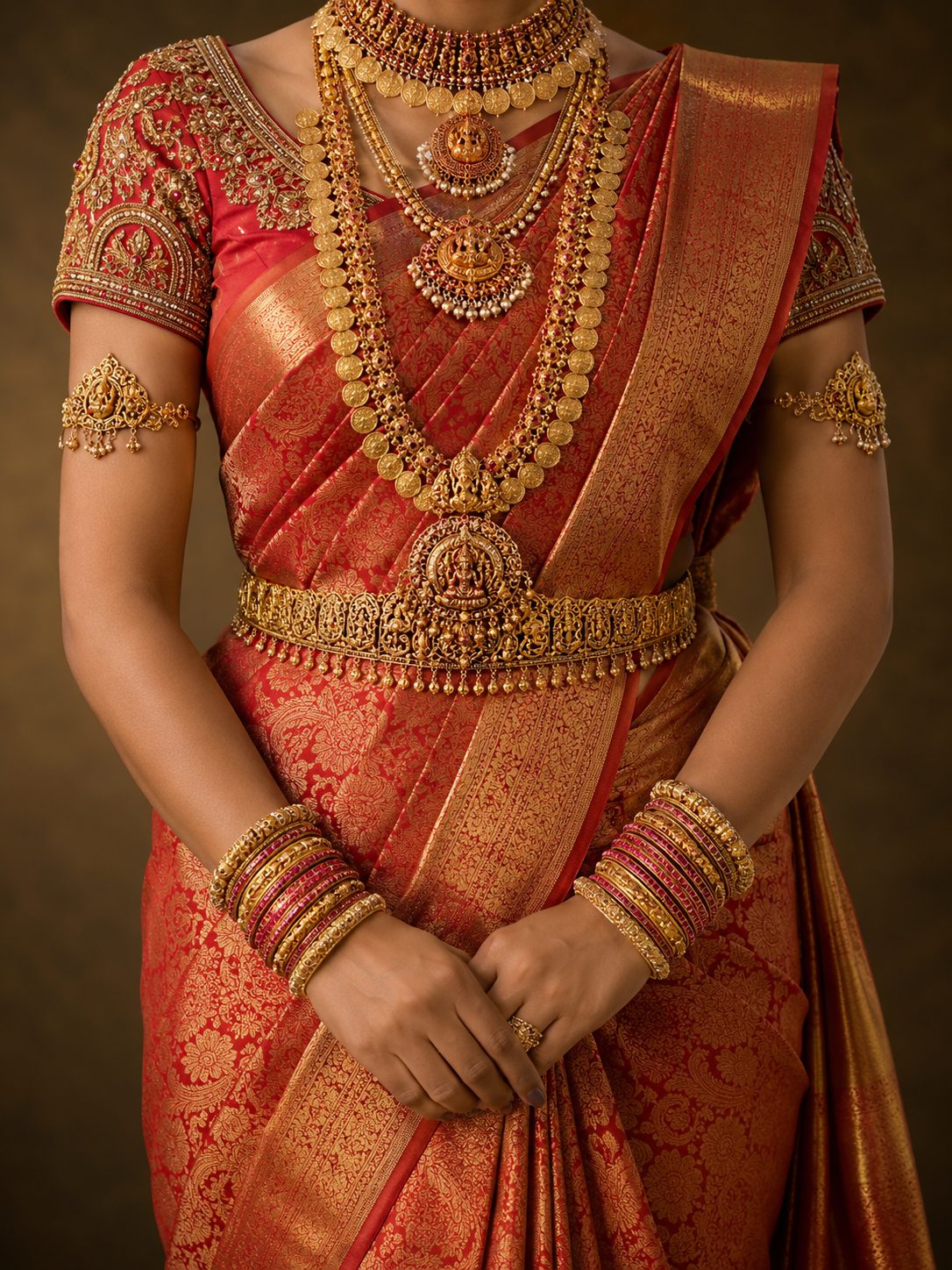 Bride in red silk saree wearing full temple jewellery — haarams, vaddanam and bangles