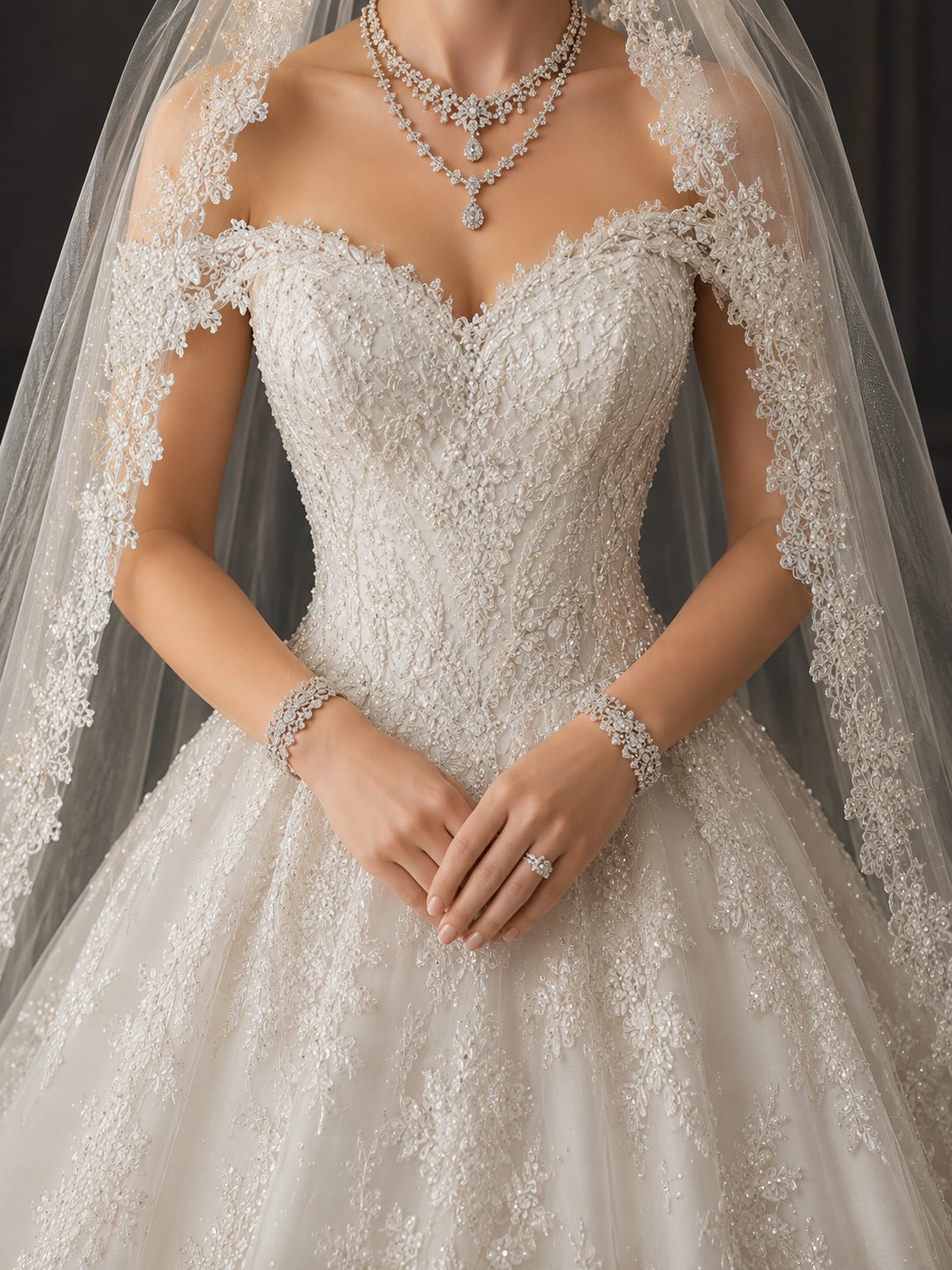Bride in a white gown wearing layered diamond necklaces