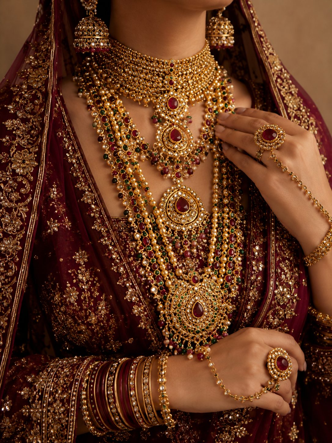 Bride in maroon wearing a kundan choker, layered haarams and haathphool