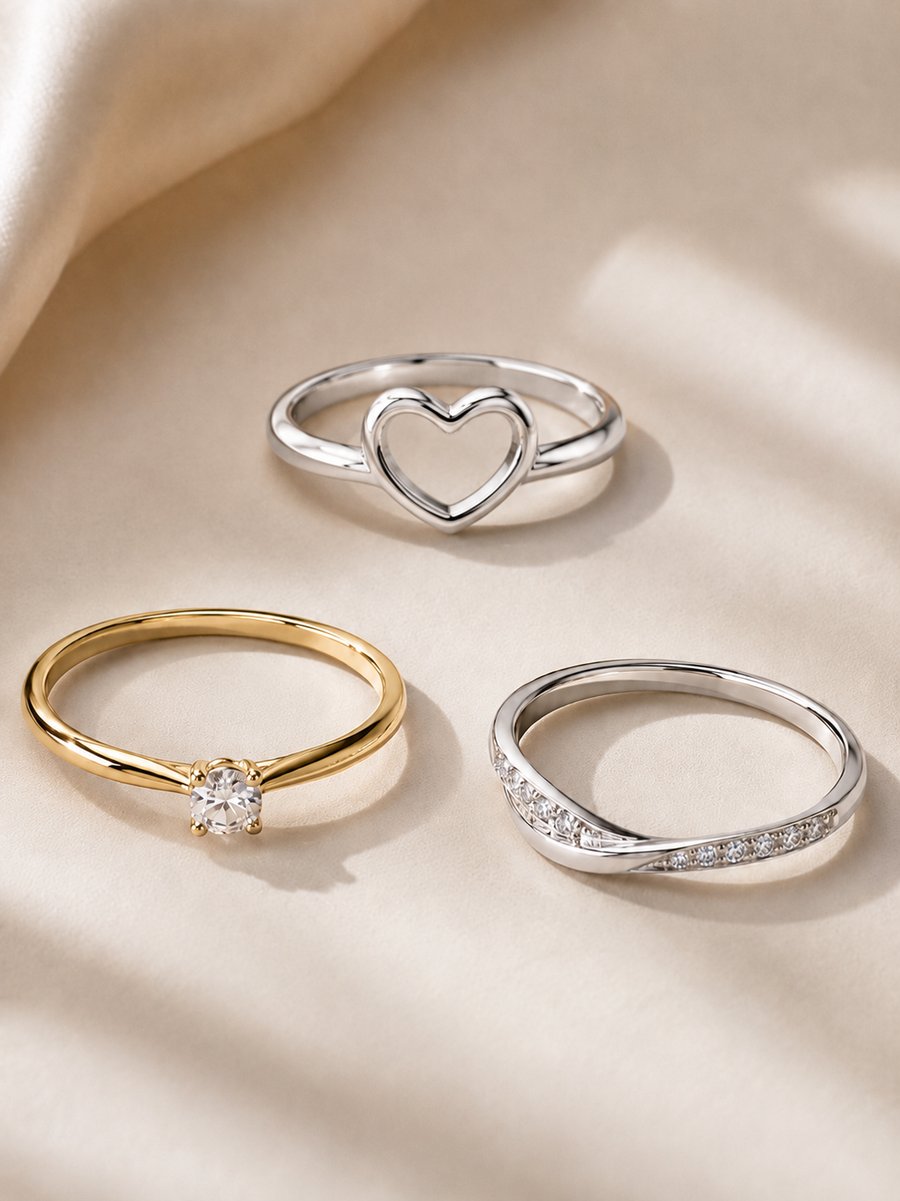Gold solitaire, heart and pavé stacking rings on ivory silk