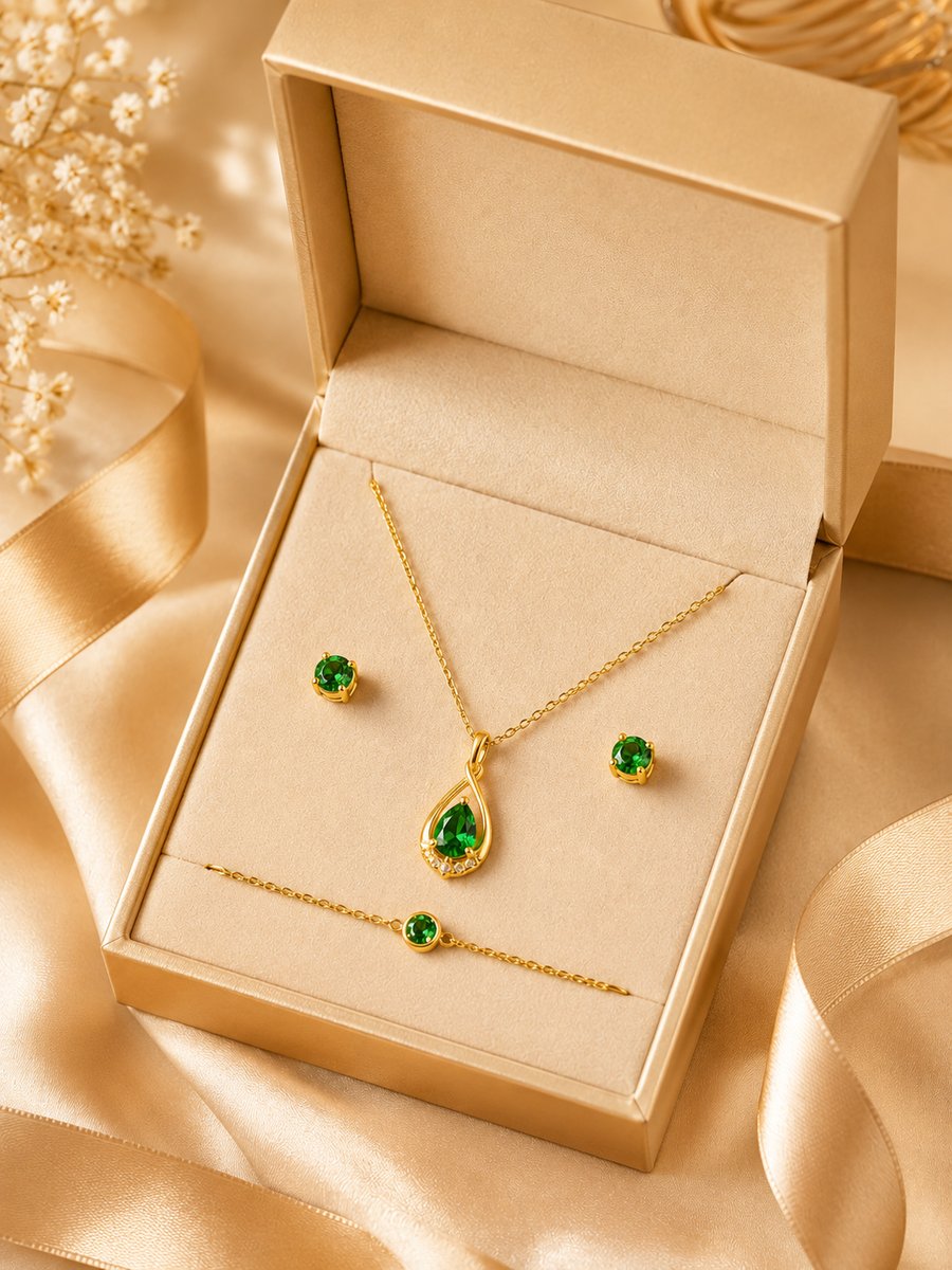 Gold and emerald pendant set in a gift box with ribbon