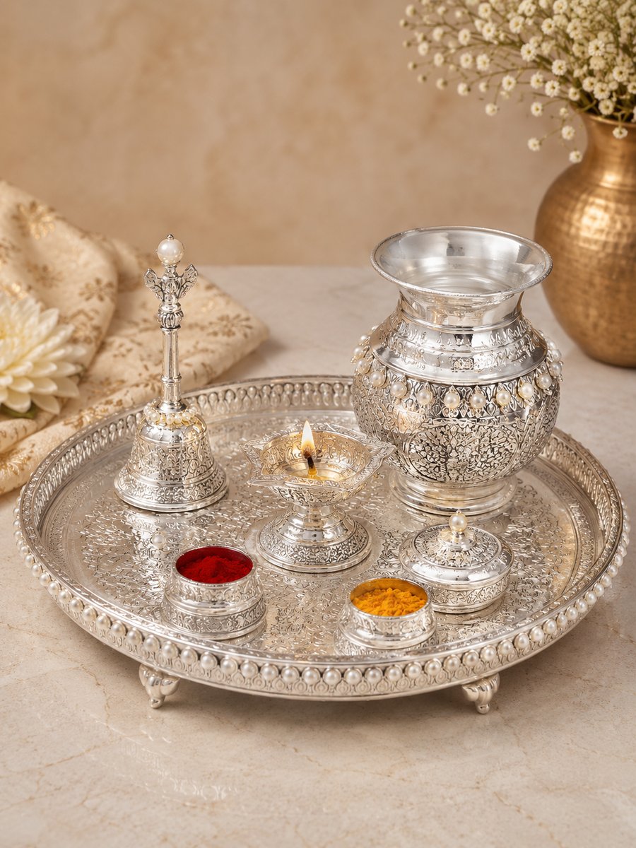 Silver pooja thali set with kalash, bell, lamp and kumkum holders