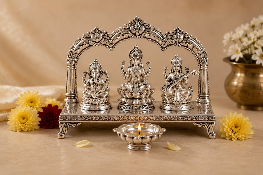 Silver idols of Ganesha, Lakshmi and Saraswati on an ornate stand