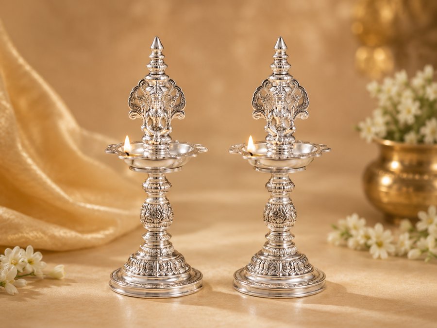 Pair of ornate silver kuthu vilakku oil lamps