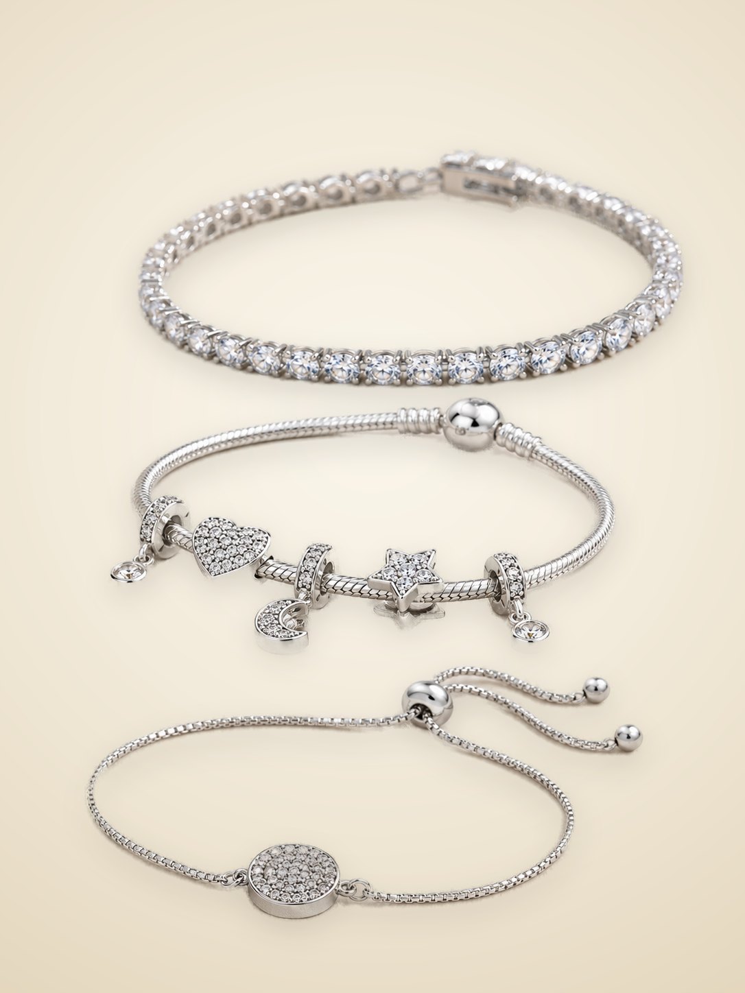Silver tennis and charm bracelets