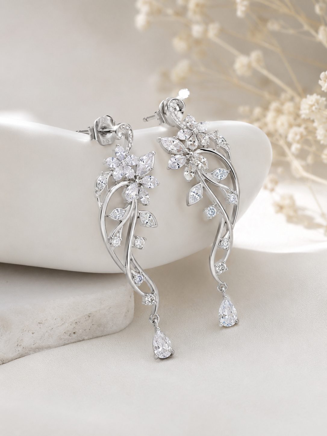 Silver floral drop earrings
