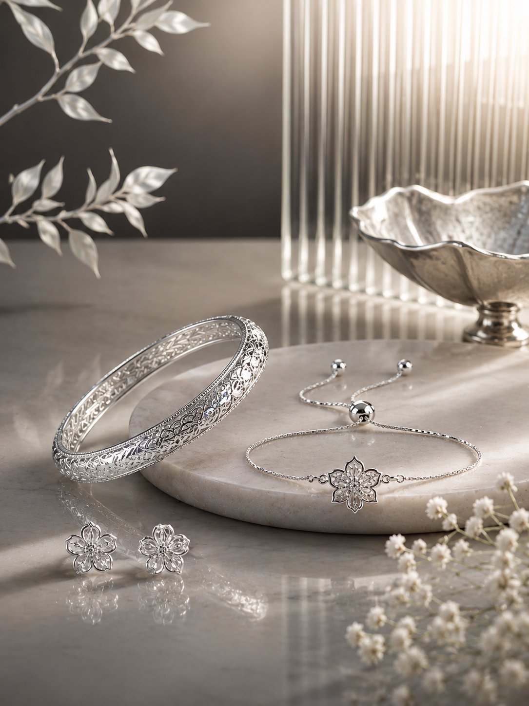 Filigree silver bangle, flower bracelet and earrings on pale marble
