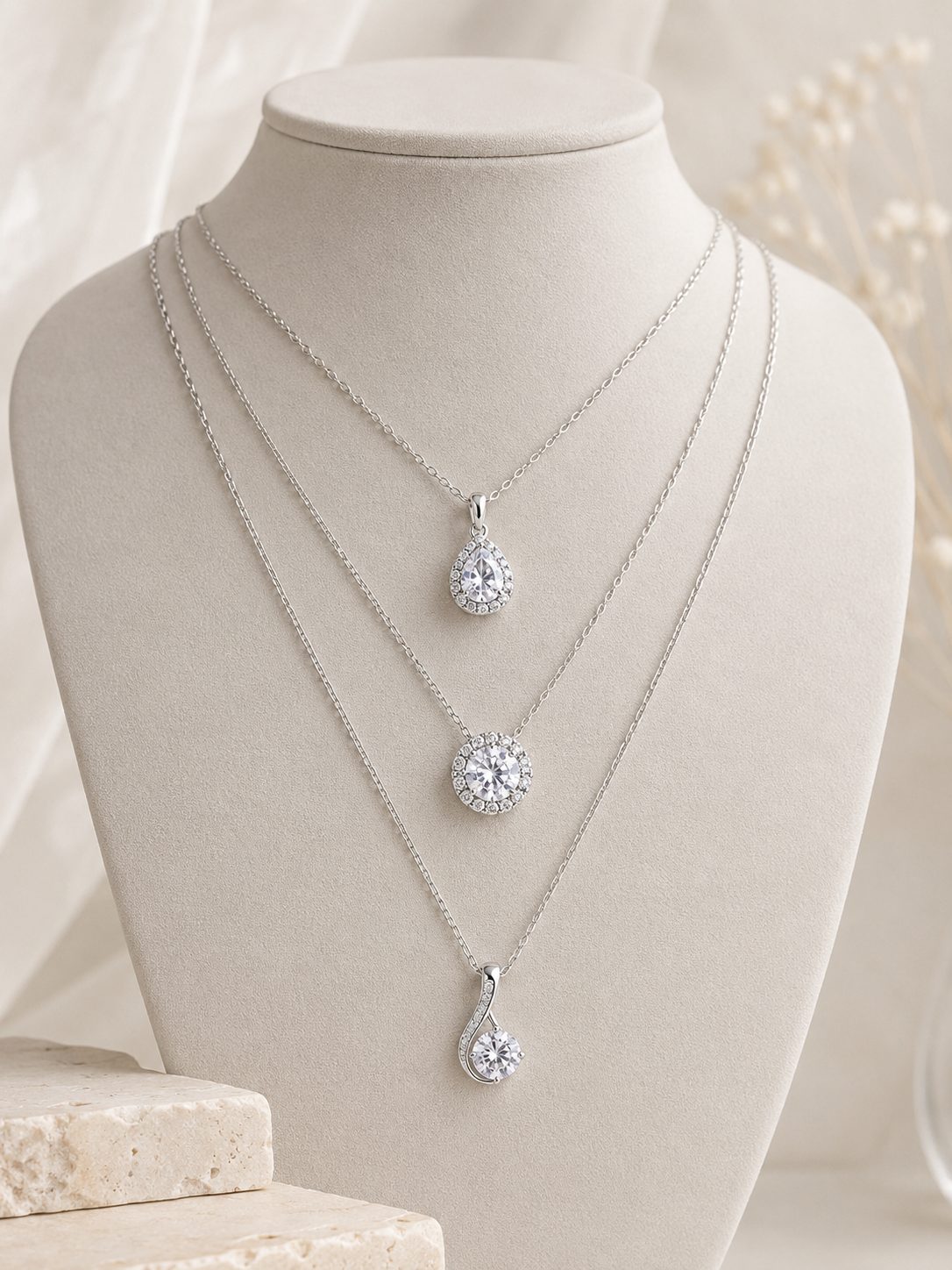 Three layered silver pendant necklaces on a display bust